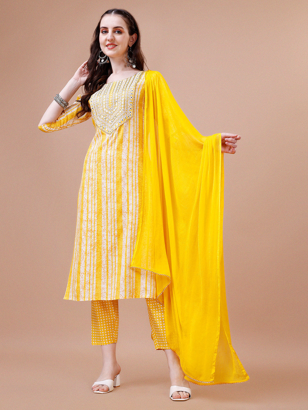 Mirror Embroidered & Striped Printed Cotton Kurta With Pant & Dupatta Set, Multicolor - Hiral Fashion | Grocsy