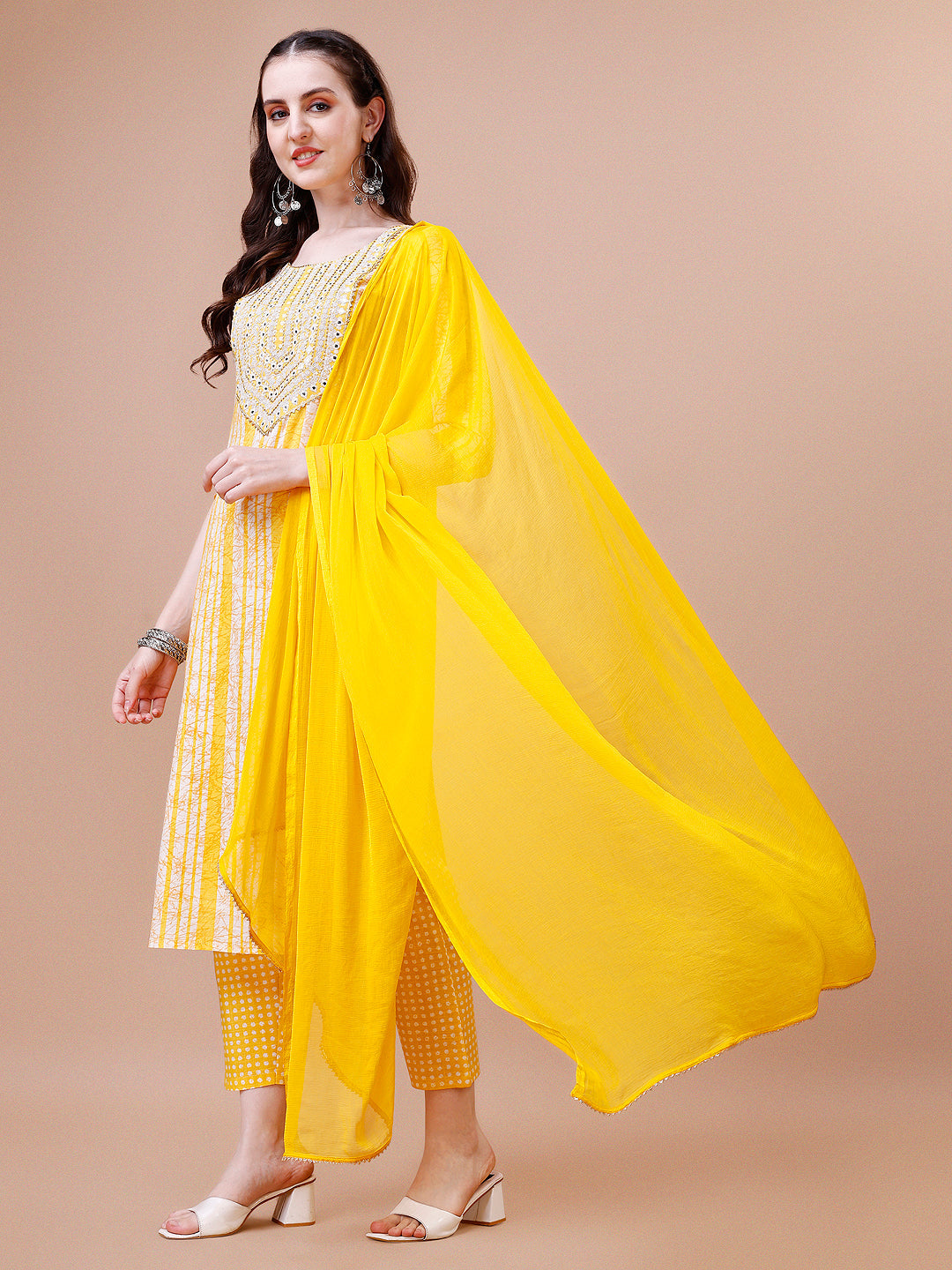 Mirror Embroidered & Striped Printed Cotton Kurta With Pant & Dupatta Set, Multicolor - Hiral Fashion | Grocsy