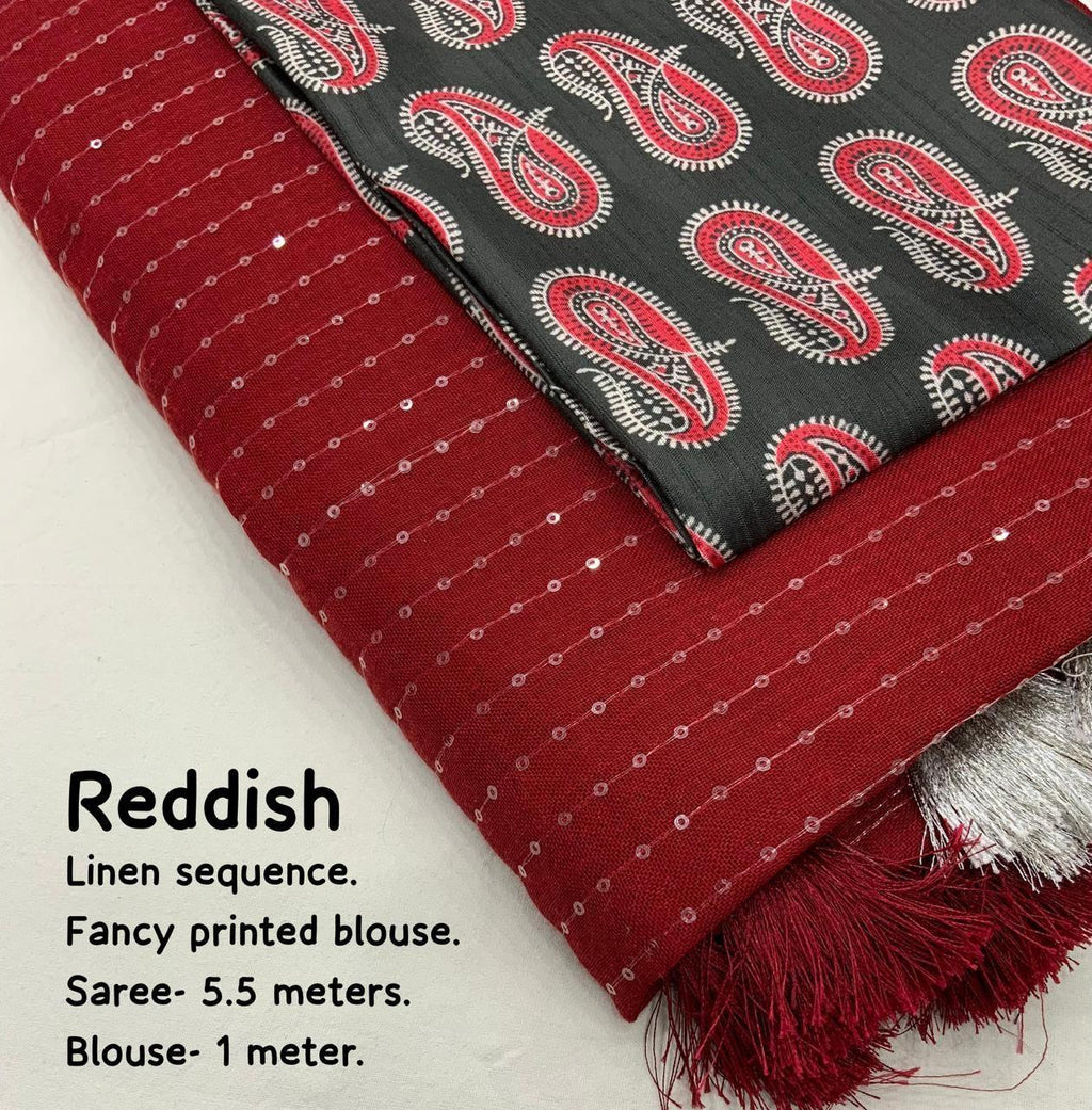 Red Linen Sequence Saree with Unstitched Blouse - Hiral Fashion | Grocsy
