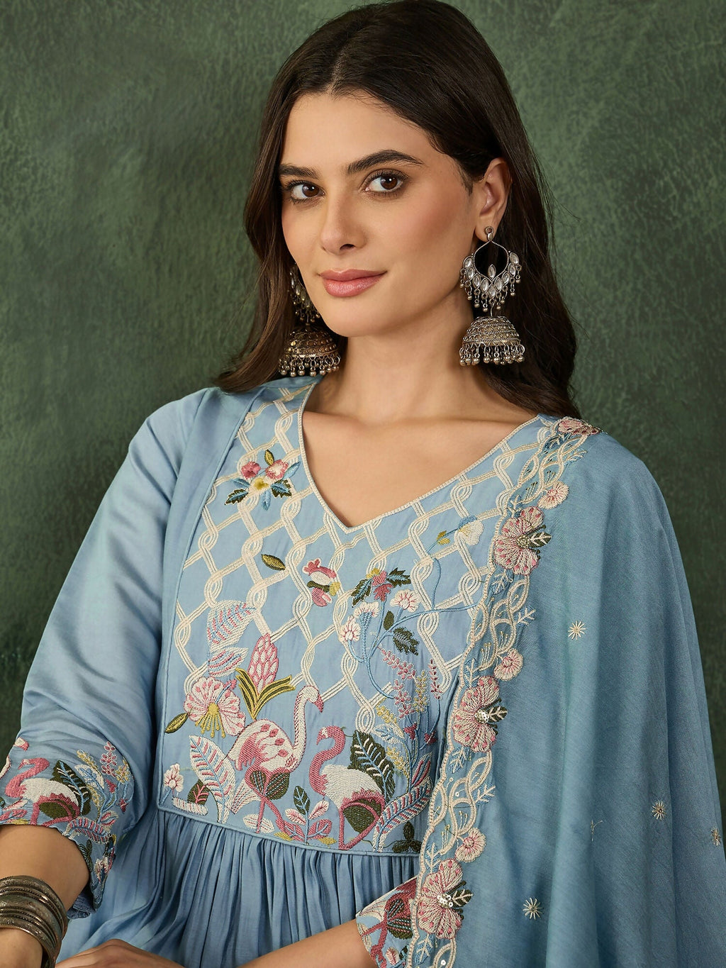 The52 Women's Beautiful Embroidery Work Silk Fabric Flared Kurta Pant and Dupatta Set-Sky | Grocsy