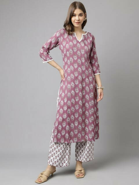 FIORRA Women's Light Purple Cotton A-Line Kurta Palazzo Set | Grocsy