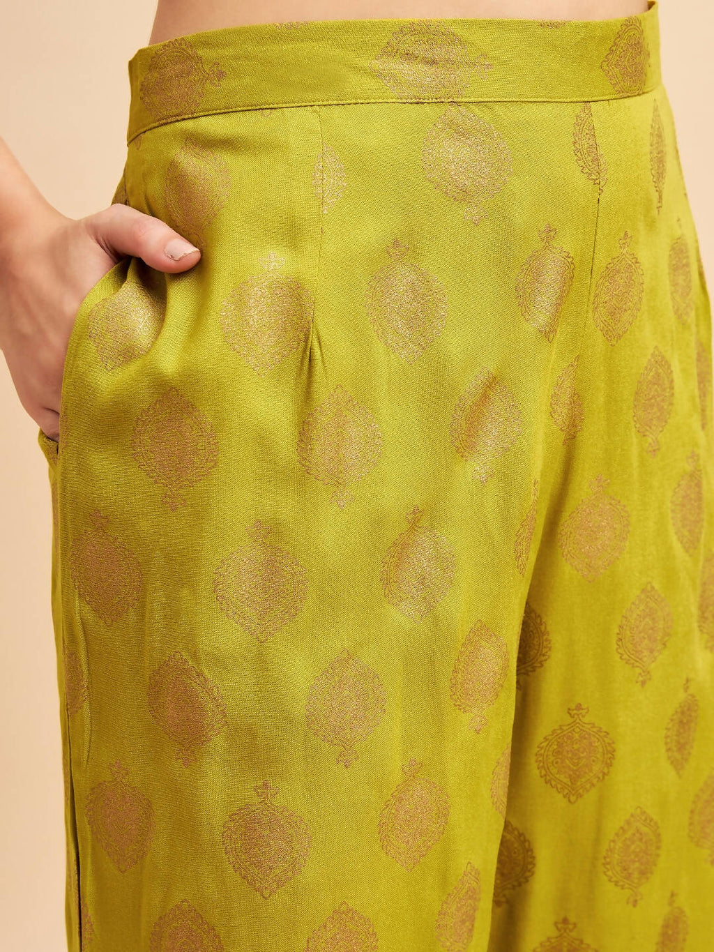 Lime Green & Golden Ethnic Motifs Print Kurta with Palazzo & Dupatta - Vishwa | Grocsy