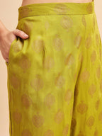 Lime Green & Golden Ethnic Motifs Print Kurta with Palazzo & Dupatta - Vishwa | Grocsy