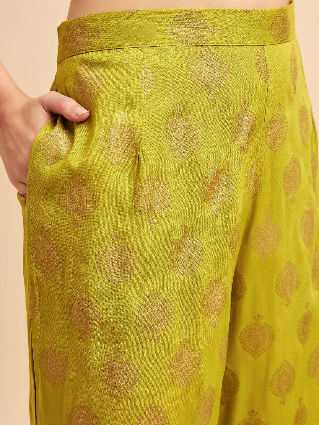Lime Green & Golden Ethnic Motifs Print Kurta with Palazzo & Dupatta - Vishwa | Grocsy