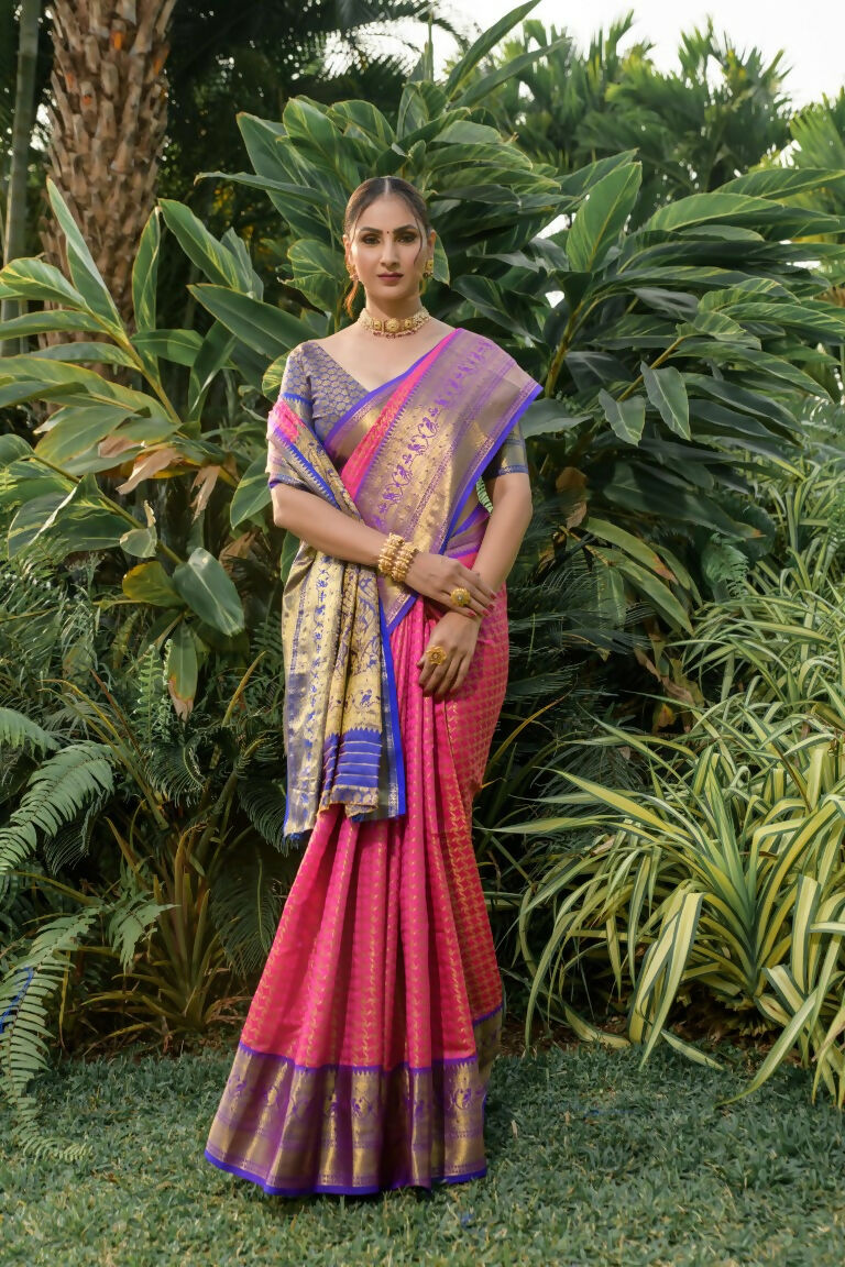 Jyoti Fashion Women's Pink Kanjivaram Silk Zari Woven Saree with Blouse | Grocsy