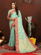 Lorenvalley Fashion Skyblue Cotton Woven Design with Zari Weaving Design Saree | Grocsy
