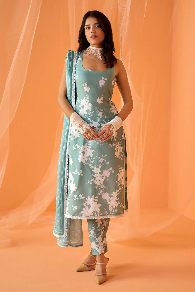 Teeya Creation Sea Green Color Designer Chinnon Silk Digital Print Kurt | Grocsy
