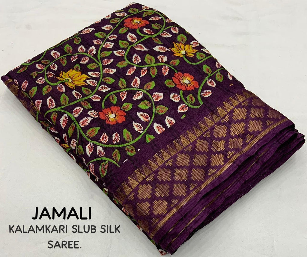 Purple Slub Silk Printed Saree with Unstitched Blouse - Hiral Fashion | Grocsy