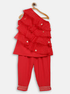 Ahalyaa Red Georgette Ruffel Kids Top With Bottom For Girls | Grocsy