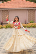 Teeya Creation Womens New Stylish Heavy Gamthi Work With Mirror Lace Work Cream Gown Set | Grocsy