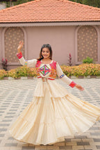 Teeya Creation Womens New Stylish Heavy Gamthi Work With Mirror Lace Work Cream Gown Set | Grocsy