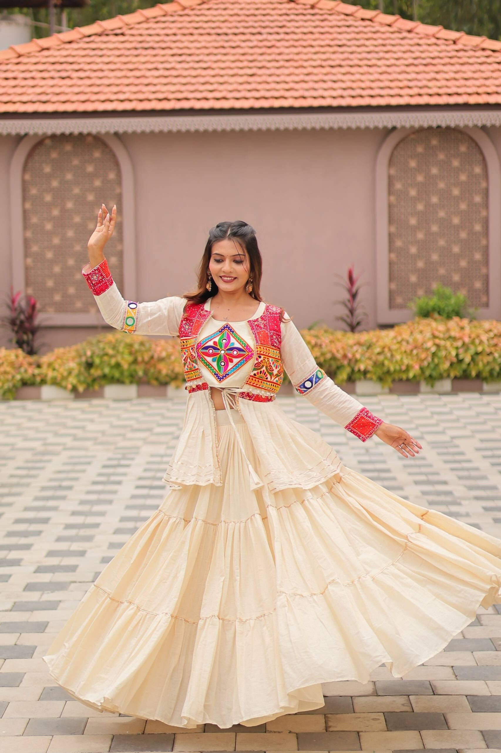 Teeya Creation Womens New Stylish Heavy Gamthi Work With Mirror Lace Work Cream Gown Set | Grocsy