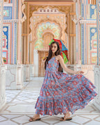 Designer Partywear Printed Blue Pure Maslin Gown - Anbazaar | Grocsy