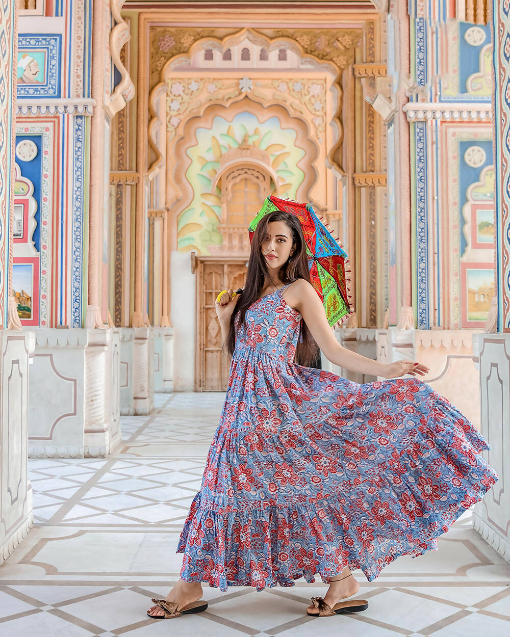 Designer Partywear Printed Blue Pure Maslin Gown - Anbazaar | Grocsy