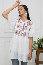 Myshka Women Solid V-Neck Flared Sleeves Synthetic Georgette White Top | Grocsy