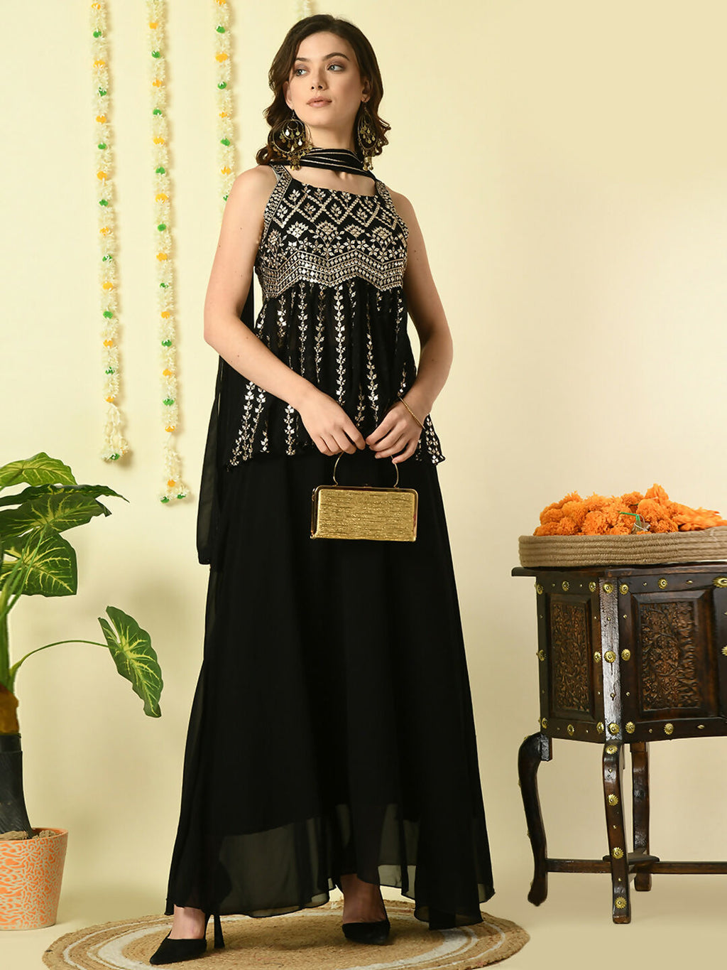 Myshka Women's Black Georgette Top & Skirt With Dupatta Party Sets | Grocsy