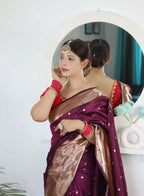 Wine Woven Jacquard Designer Embroidery Work Party Wear Saree - Parampara | Grocsy
