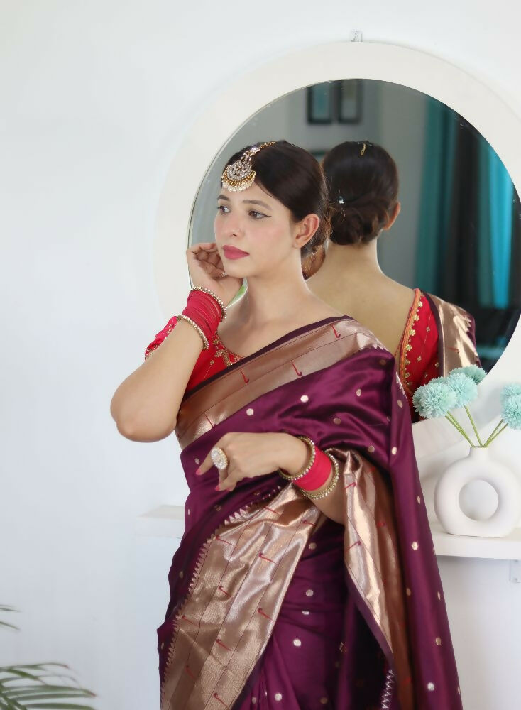 Wine Woven Jacquard Designer Embroidery Work Party Wear Saree - Parampara | Grocsy