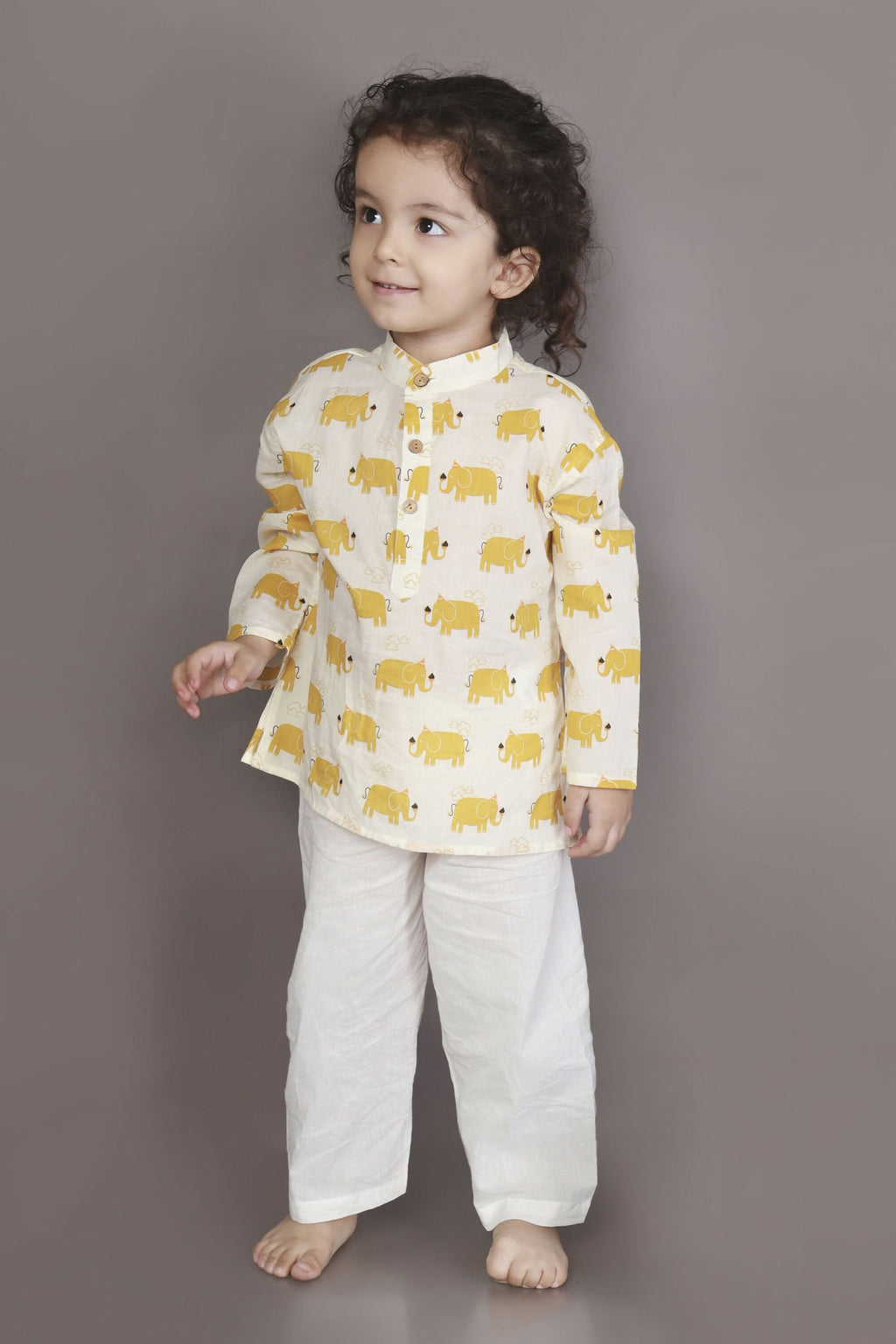 Breathables Kids Cotton Night Suit – Yellow Elephant Print Kurta & Pyjama Co-Ord Set For Boys & Girls | Grocsy