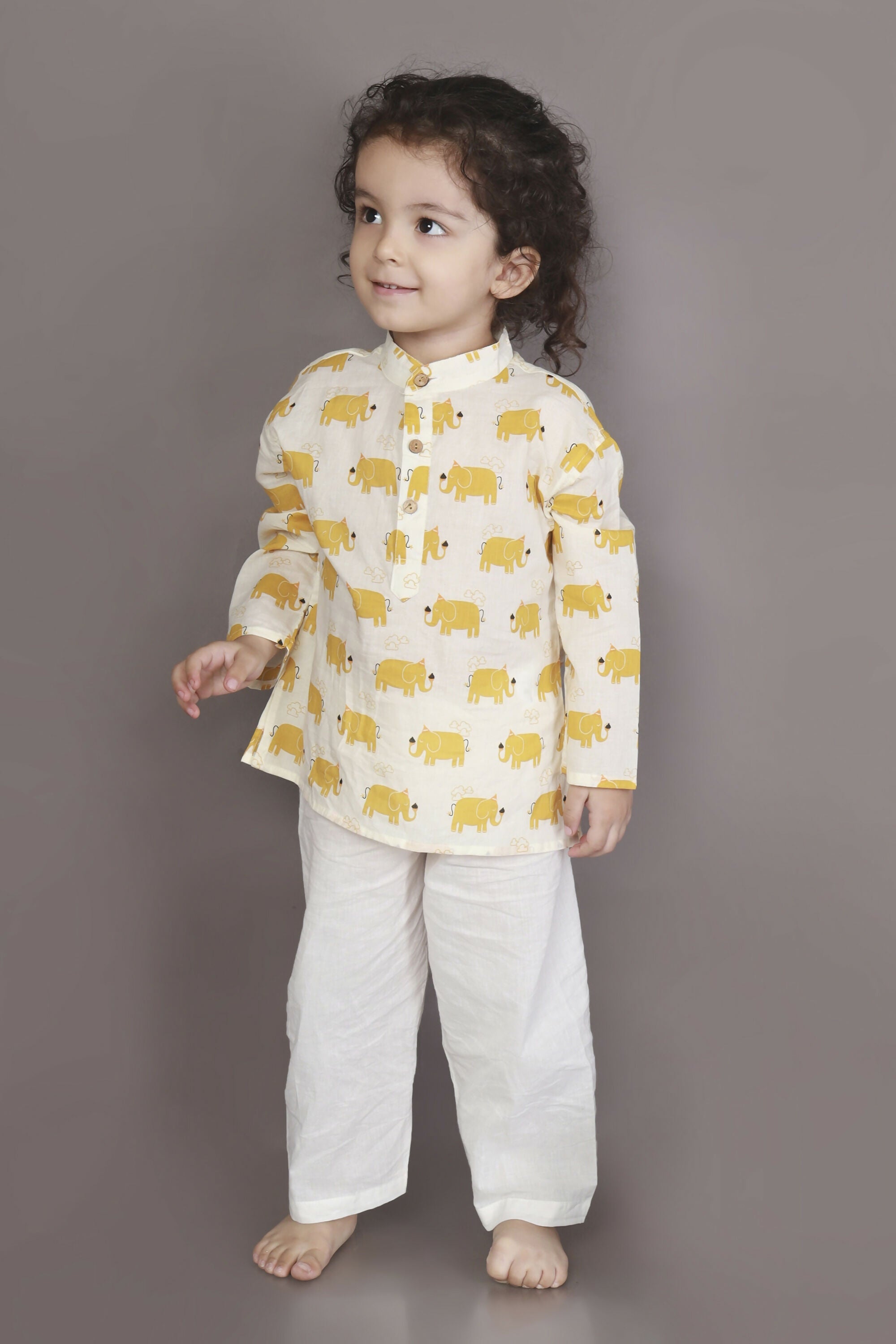 Breathables Kids Cotton Night Suit – Yellow Elephant Print Kurta & Pyjama Co-Ord Set For Boys & Girls | Grocsy