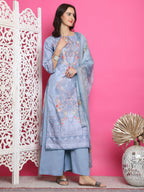 Jyoti Fashion Women's Grey Satin Traditional Digital Print with Crystal work Kurta with Trouser & Dupatta | Grocsy