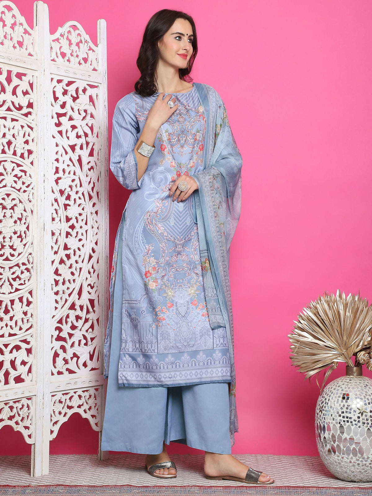 Jyoti Fashion Women's Grey Satin Traditional Digital Print with Crystal work Kurta with Trouser & Dupatta | Grocsy