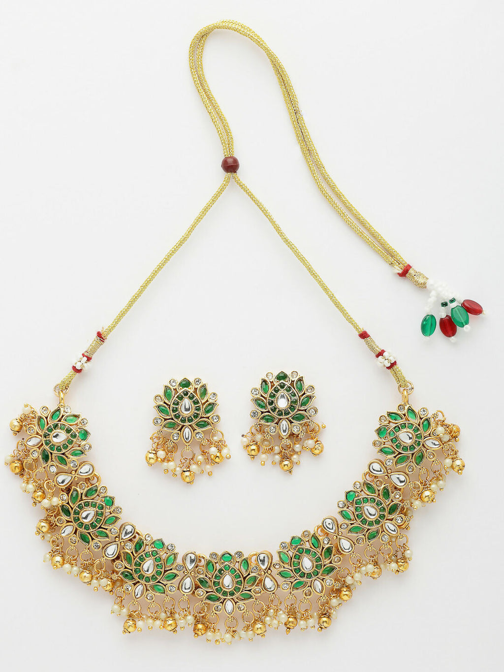 NVR Women's Gold-Polished Green Kundan- Studded & Beaded Handcrafted Temple Jewellery Set | Grocsy