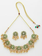 NVR Women's Gold-Polished Green Kundan- Studded & Beaded Handcrafted Temple Jewellery Set | Grocsy
