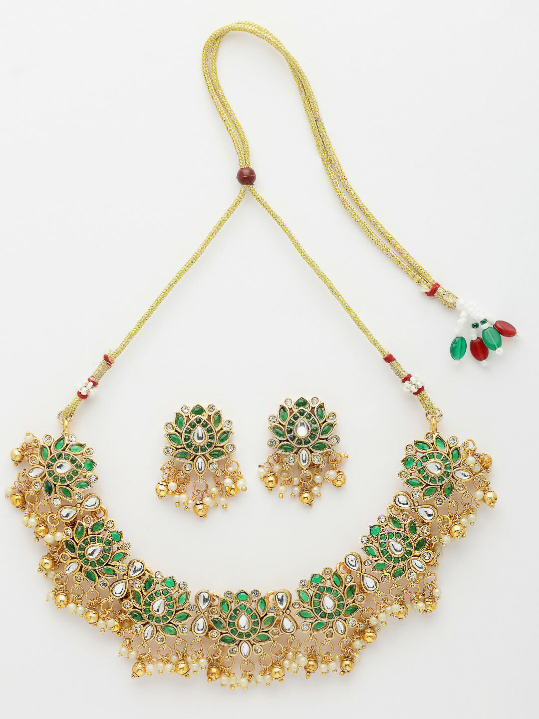 NVR Women's Gold-Polished Green Kundan- Studded & Beaded Handcrafted Temple Jewellery Set | Grocsy