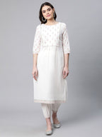 Ahalyaa Women Offwhite Pure Cotton Printed Floral Kurta With Trousers | Grocsy