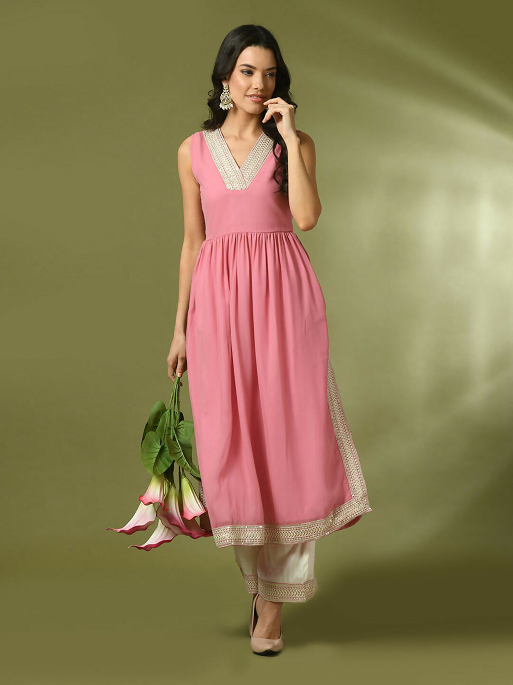 Myshka Women's Pink Solid Georgette Anarkali Party Kurta Set | Grocsy