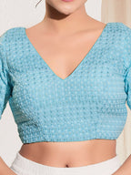 Joban Fashion Light Blue Crochet Padded Blouse With V Neck Elbow Sleeves | Grocsy