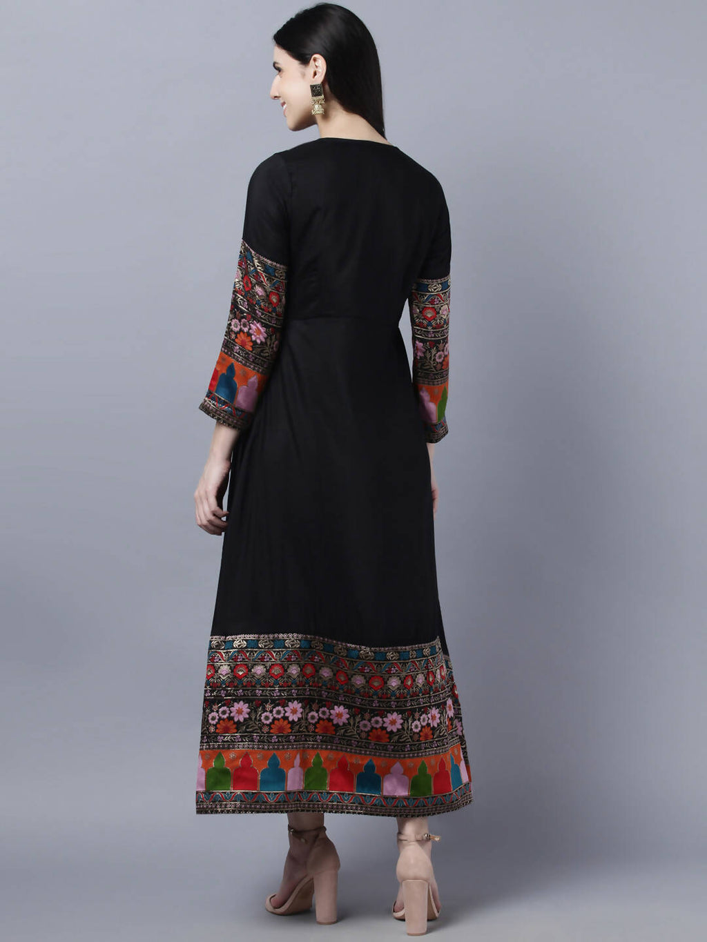 Myshka Women Black Embroidered Detail Anarkali Kurta With Dupatta | Grocsy
