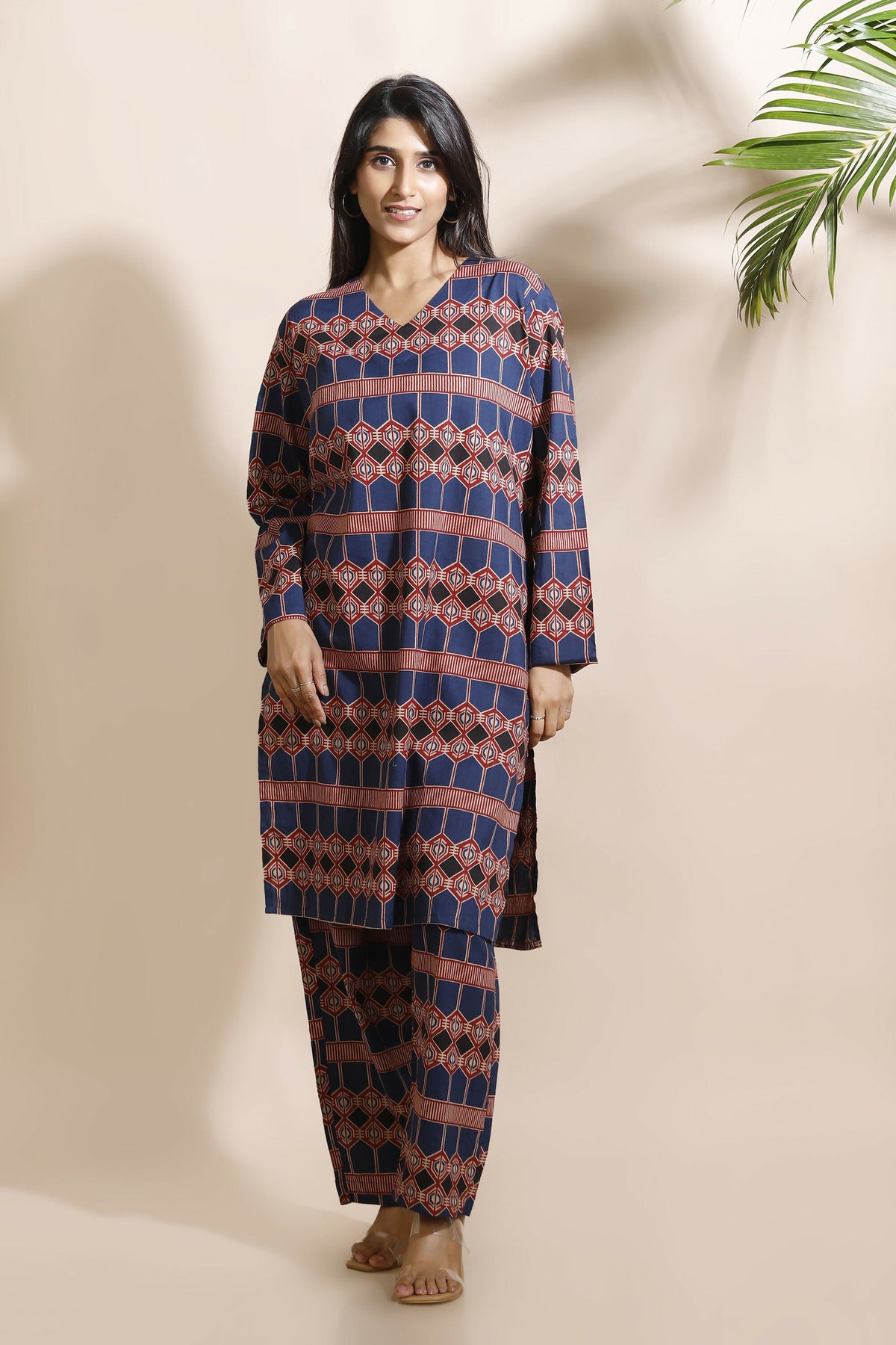 Breathables Women'S Blue Cotton Abstract Print Loungewear Co-Ord Set – Long Kurta & Pants | Grocsy
