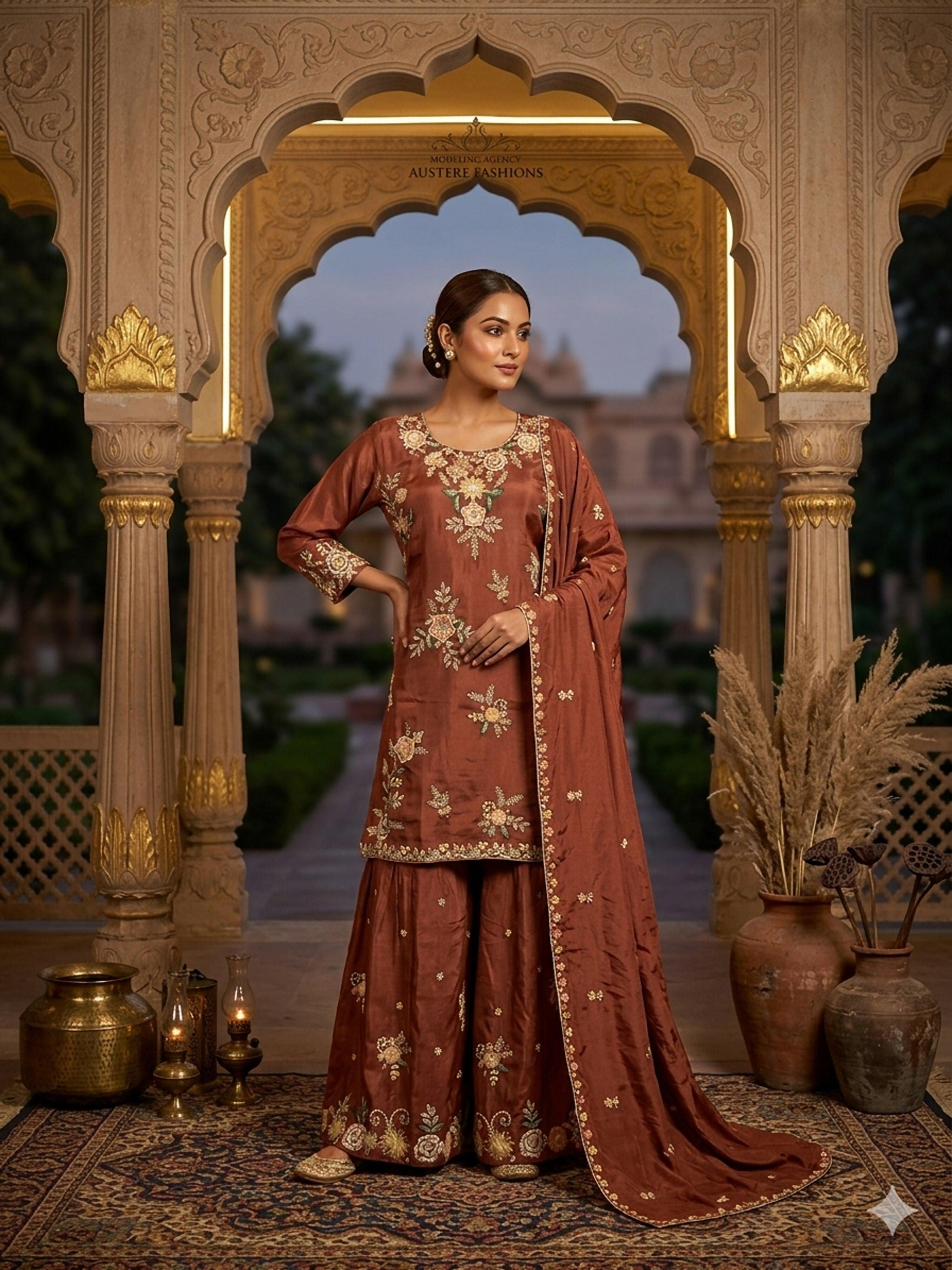 Stylish Designer Stitched Beat Pure Viscose Crepe Embroidery Hand Work Stitched Sharara Suit - Anbazaar | Grocsy
