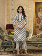Juniper Women's White Floral Printed Cotton Kurta Pant With Dupatta Set With Lace | Grocsy