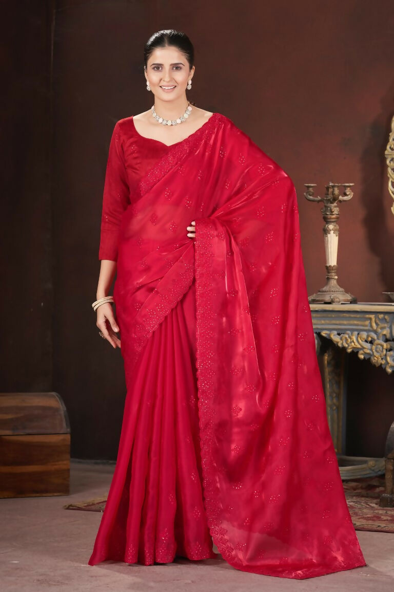 Vastranavya Red Jimmy Choo Silk 3mm Sequence work with Cross Stitch Embroidery work & Cutwork Border Saree | Grocsy