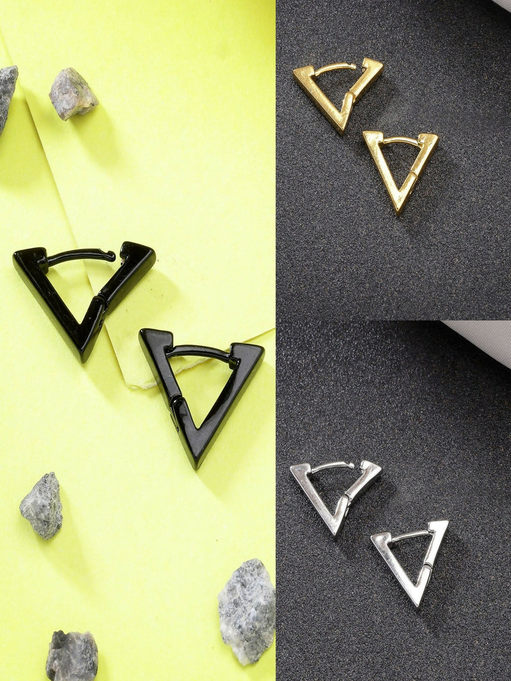 NVR Men's Set of 3 Multicolor Rhodium-Plated Geometric Shape Stainless Steel Studs Earring | Grocsy
