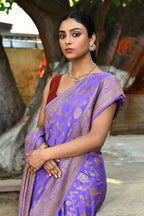 Joban Fashion Dark Lilac Crepe Chiffon Pure Handloom Banarasi Silk Saree | Grocsy