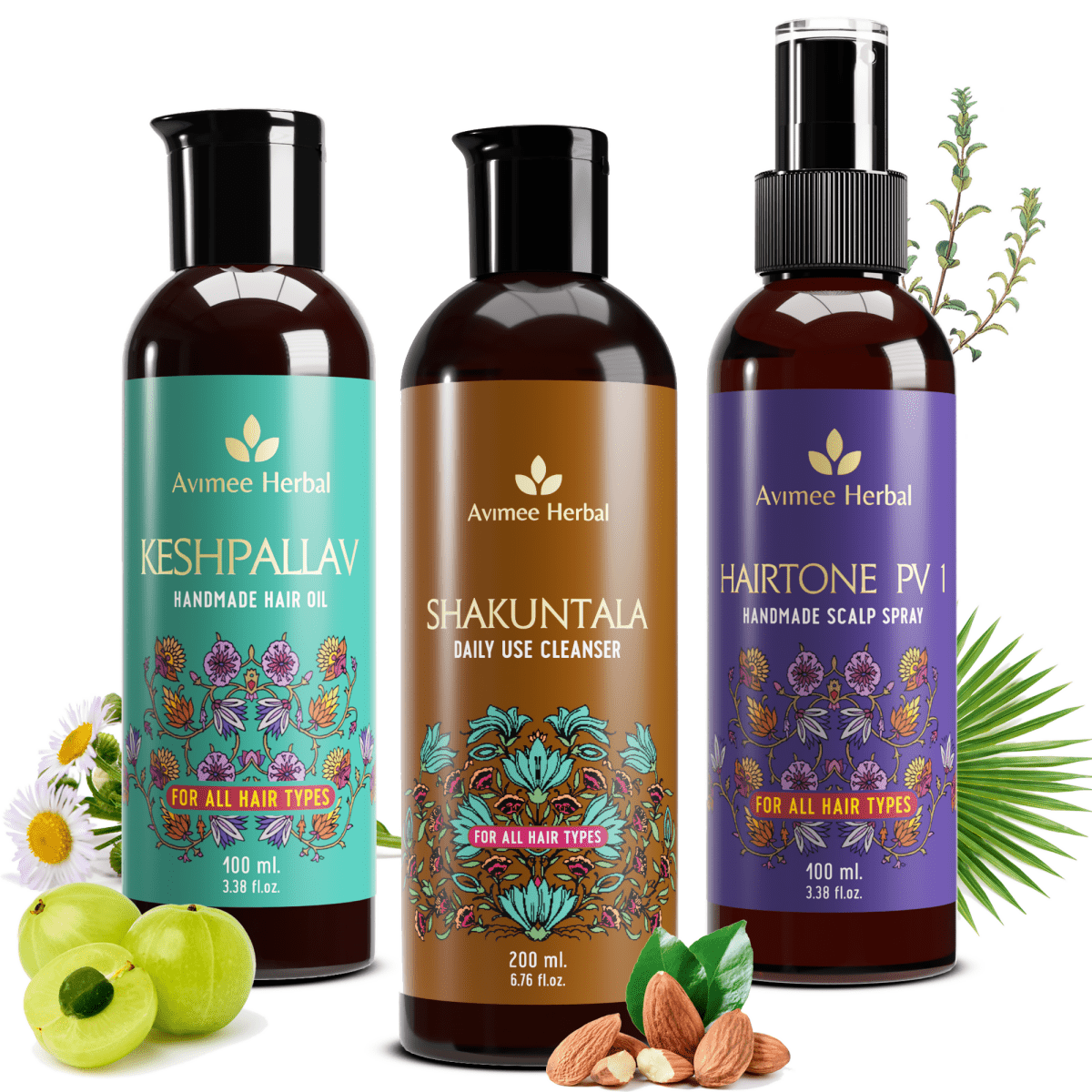 Avimee Herbal Anti Hairfall Kit - Oil, Cleanser and Scalp Spray, Controls Hair Fall and Strengthens Hair Root, With Rosemary, Amla, Methi & Bhringraj | Grocsy