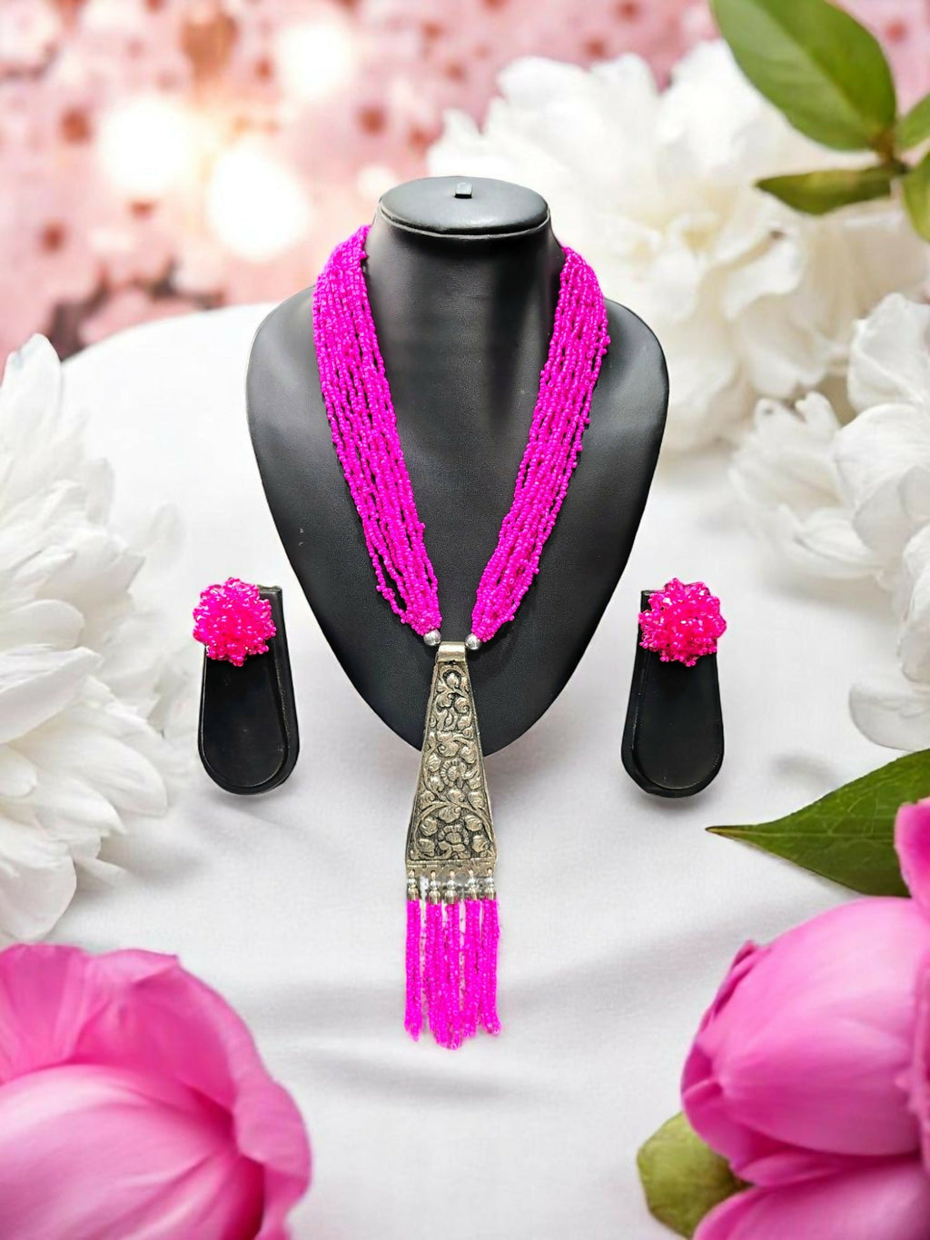 Inhanns Day-To-Dinner Tie Shaped Oxidized Black Metal Multi-Layered Long Necklace Set - Hot Pink | Grocsy