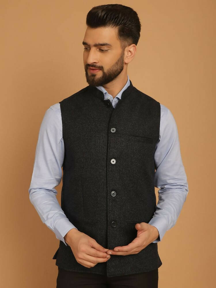 Even Apparels Pure Wool Nehru Jacket - Blue | Grocsy