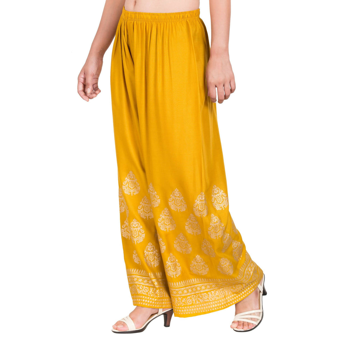 PAVONINE Mustard Color Golden Printed Rayon Fabric Sharara For Women & Girls | Grocsy