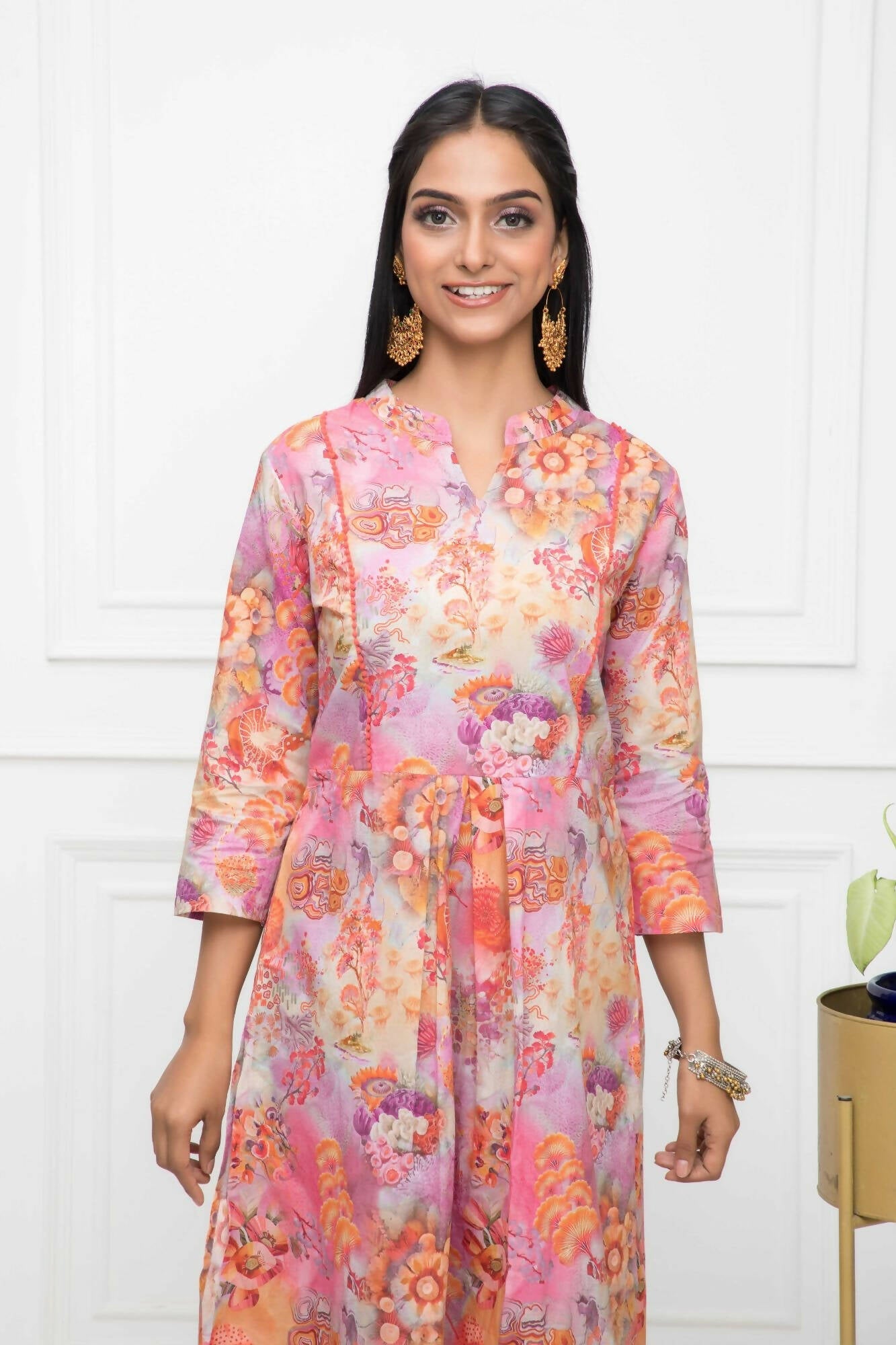 Myshka Multi Floral Women Cotton A-Line Round Neck Kurtas | Grocsy