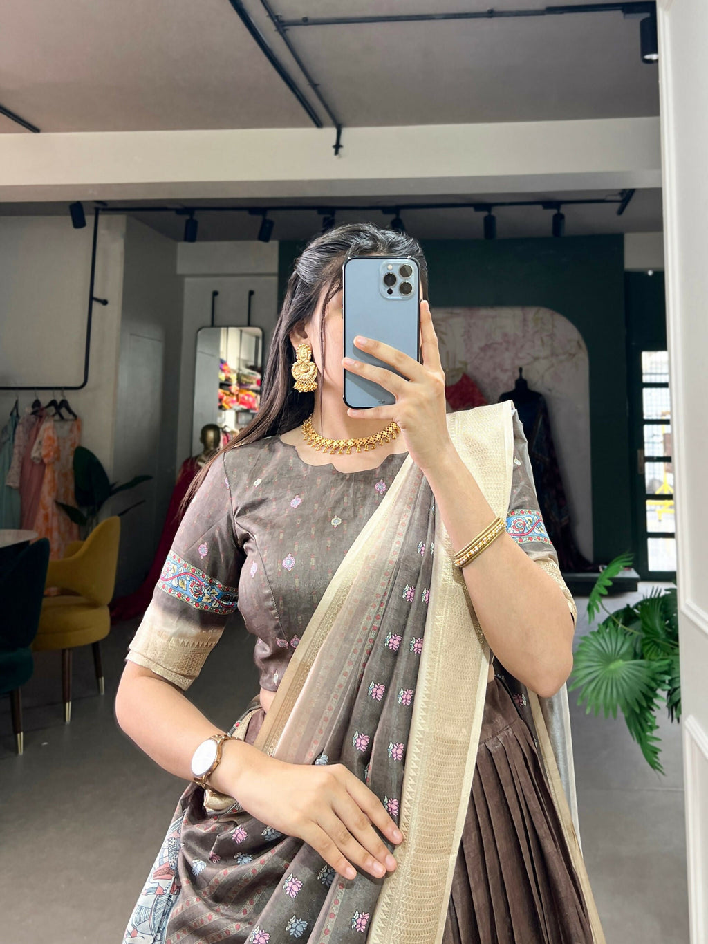Vastranavya Kalamkari Print With Weaving Border Lehenga with Unstitched Blouse - Brown | Grocsy