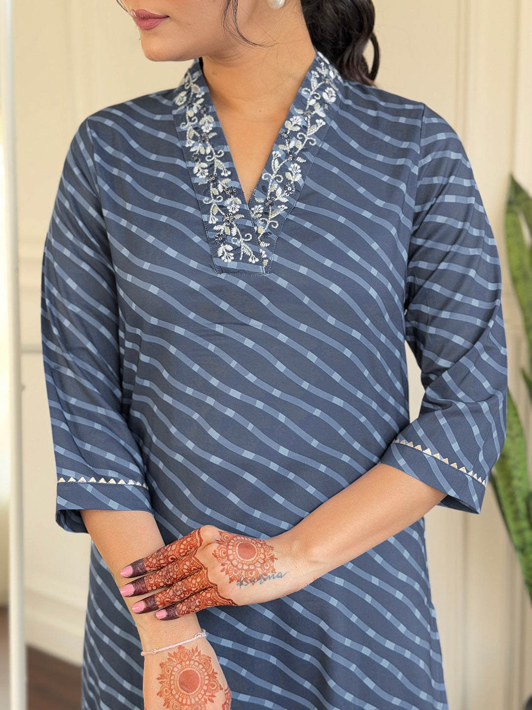 The52 Women's Muslin hand Embroidered Straight Kurta, Pant and Dupatta Set | Grocsy