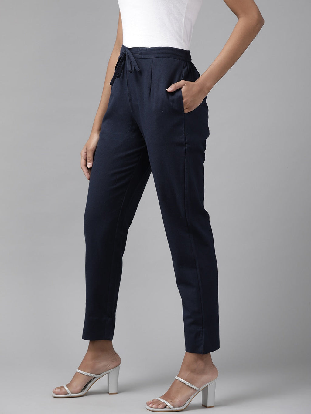 Yufta Navy Blue Cotton Fit Trousers | Grocsy