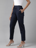 Yufta Navy Blue Cotton Fit Trousers | Grocsy