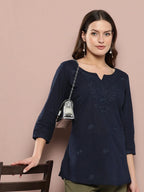 Yufta Navy Blue Floral Chikankari Embroidered Pure Cotton Top | Grocsy