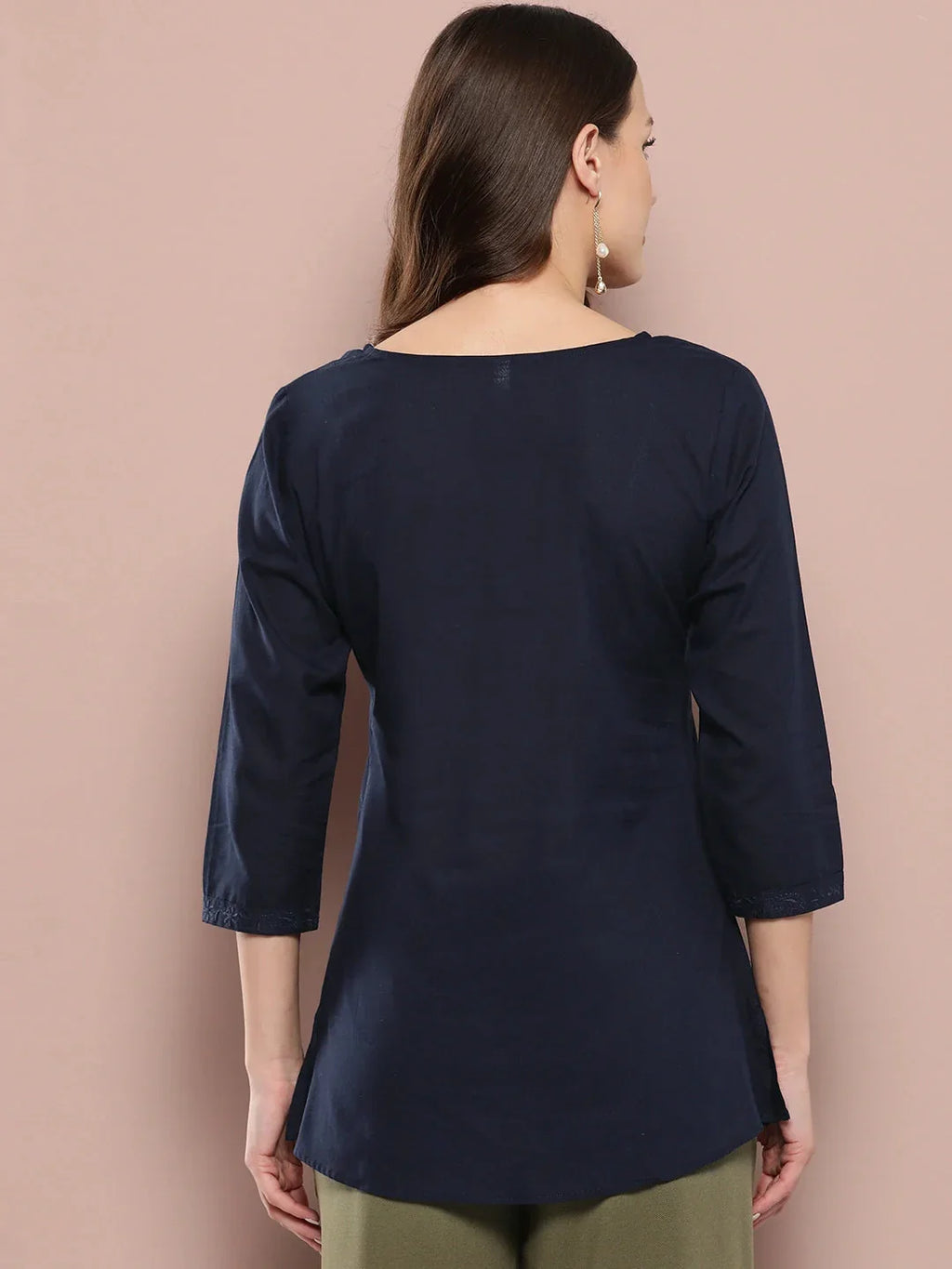 Yufta Navy Blue Floral Chikankari Embroidered Pure Cotton Top | Grocsy